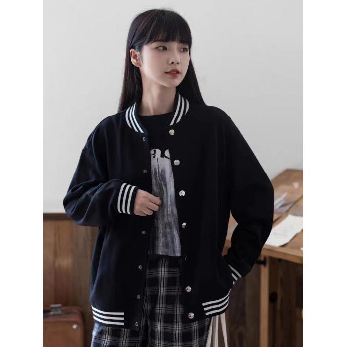 Women s Retro Black Baseball Jacket - 2024 Spring/Autumn Thin Versatile Casual Outerwear 3XL чёрный
