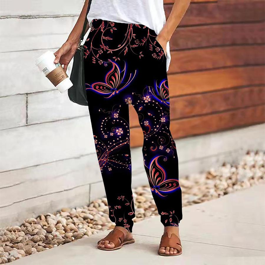Women Butterfly Printing Pants Lace Up Elastic Waist Loose  Trousers Casual Long Pants Trousers with Pockets