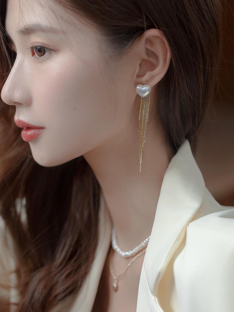 Colorful love pearl gold silk chain fringed earrings women's personality earrings temperament earrings