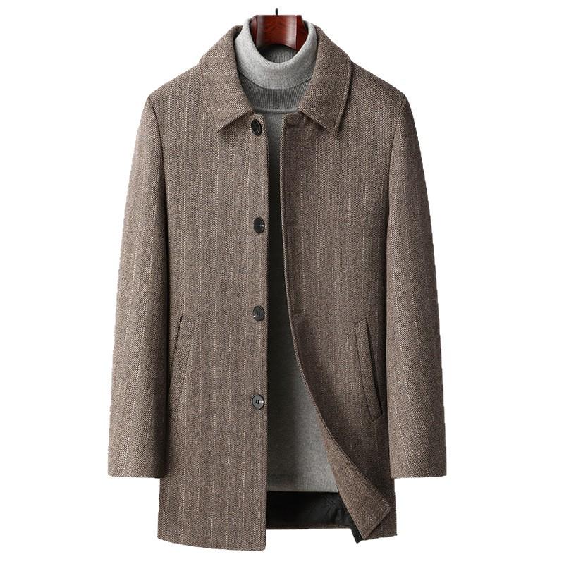 Men's Thickened Woolen Coat with Cotton Padding, Classic Striped Outerwear for Middle-Aged & Elderly, Dad's Style for Autumn/Winter.