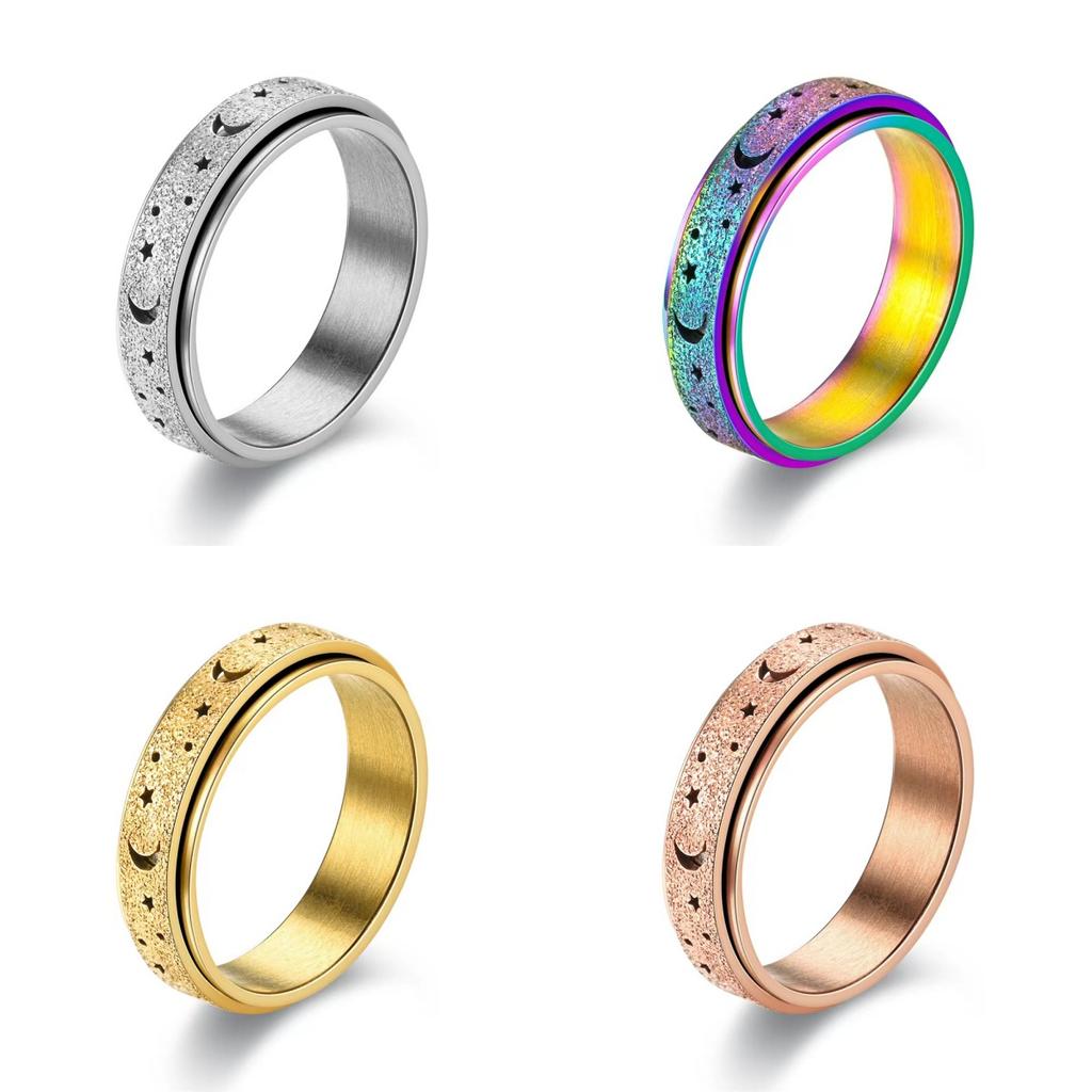 Christmas Gifts 6MM Retro Rainbow Stainless Steel Moon And Star Metal Spinner Fidget For Women Anxiety Spinning Ring Jewelry