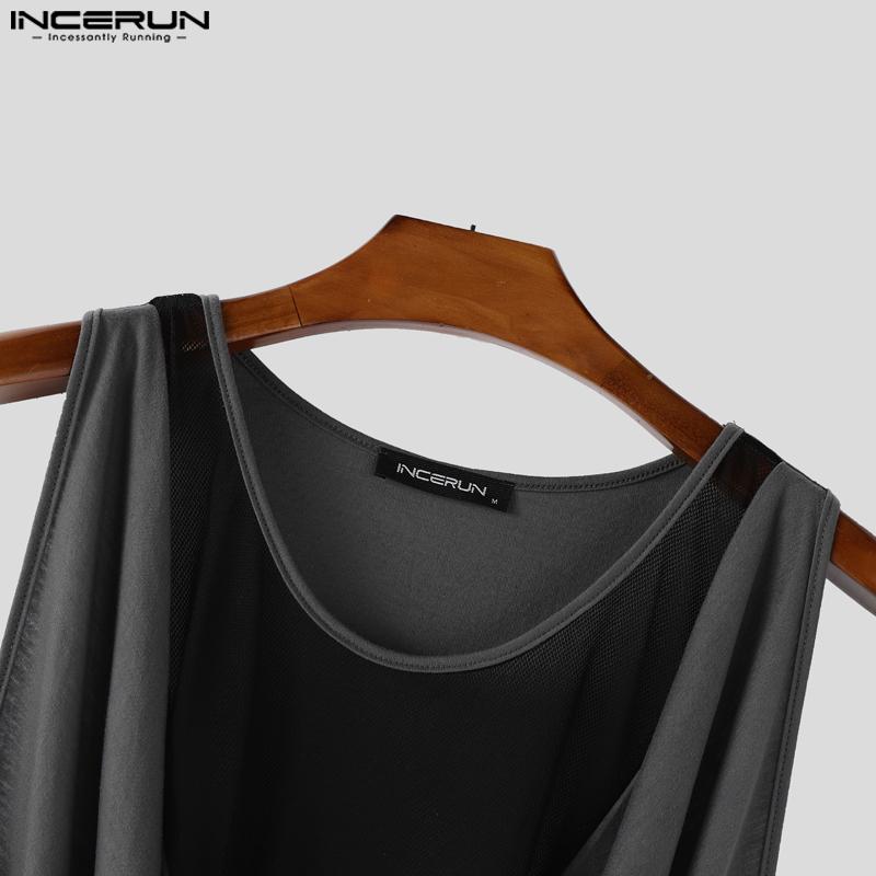 INCERUN Men Low Cut Swing Collar Sleeveless Mesh Patchwork Long Tank Tops Pajamas