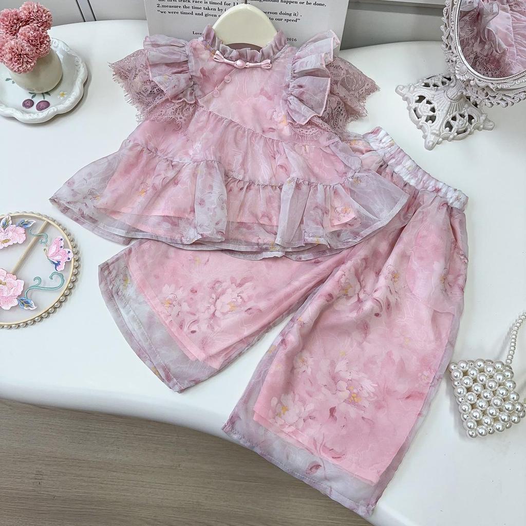 Girls' Chinese-Style Summer Two-Piece Set: Fashionable Short-Sleeved Top & Pants (EXB001)