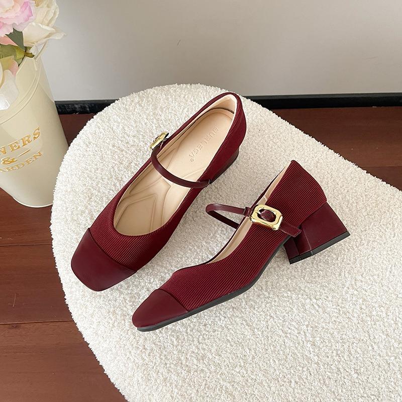 

Spring and summer square head shallow mouth single shoes women s thick heel one-word buckle thick heel Mary Jane shoes 39 бордовый