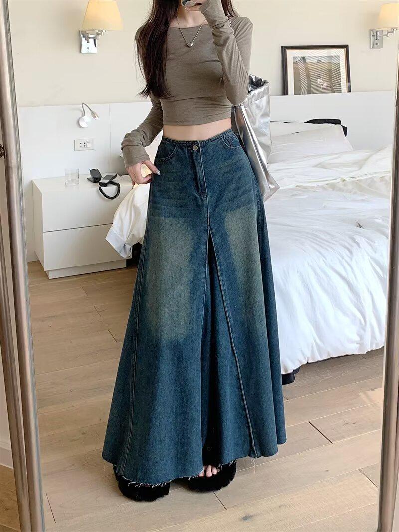 

2025 Новая длинная джинсовая юбка А-силуэта с высокой талией для женщин - Ретро-стирка и облегающий крой 2XL синий