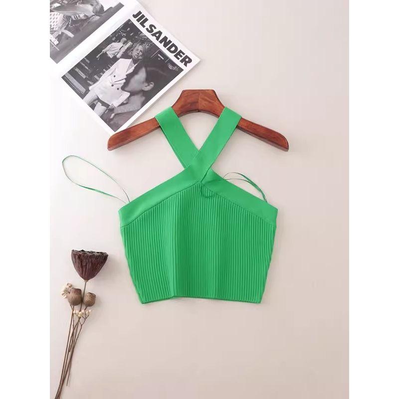 American Fashion Brand Cross Hanging Neck Cami Summer Rib Solid Sexy Short Knitted Top Women