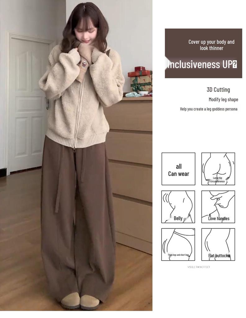 Women's Wide-Leg Brown Retro Pants, High-Waisted, Plus Velvet, Autumn/Winter 2025 Collection