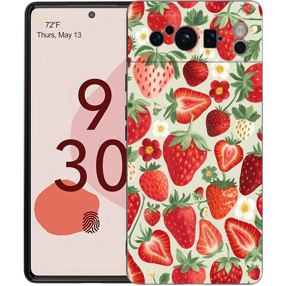 Luxury Phone Case For Google Pixel 10 9 8 9A 8A 7 7A 6 Pro XL 6A 5G Black Soft Back TPU Cover Summer Strawberry Flowers Print