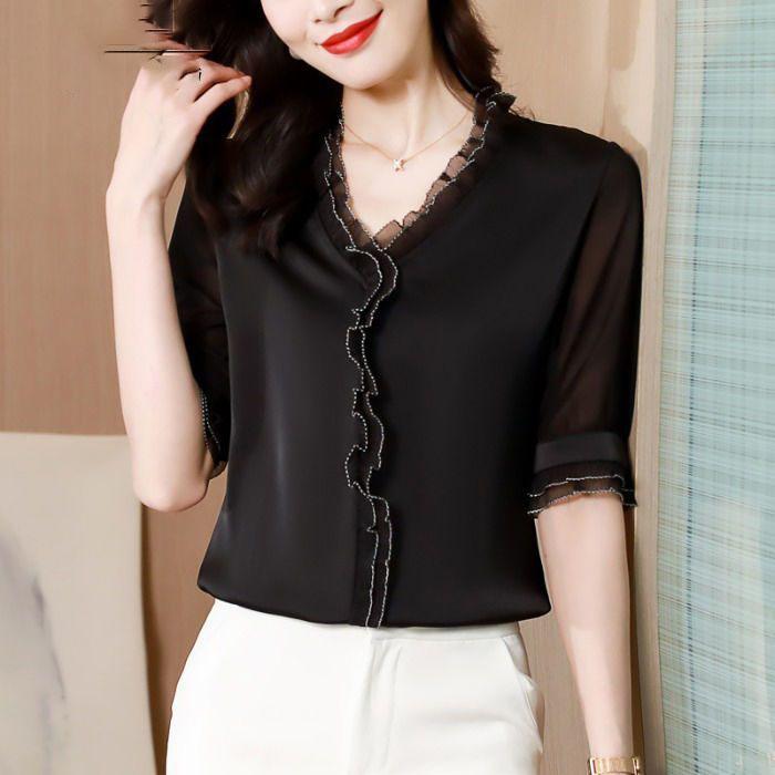 

Элегантная женская шифоновая рубашка корейская блузка офисная кружевная сетка длинный рукав оборки V-образный вырез топы повседневные винтажные пуловеры блузы XXXL