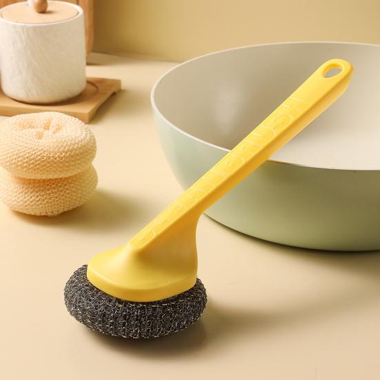 Pot Brush with Steel Ball Head Anti-Slip Grip Hanging Hole Long Handle Dishes Scrubber Kitchen Cleaning Tool