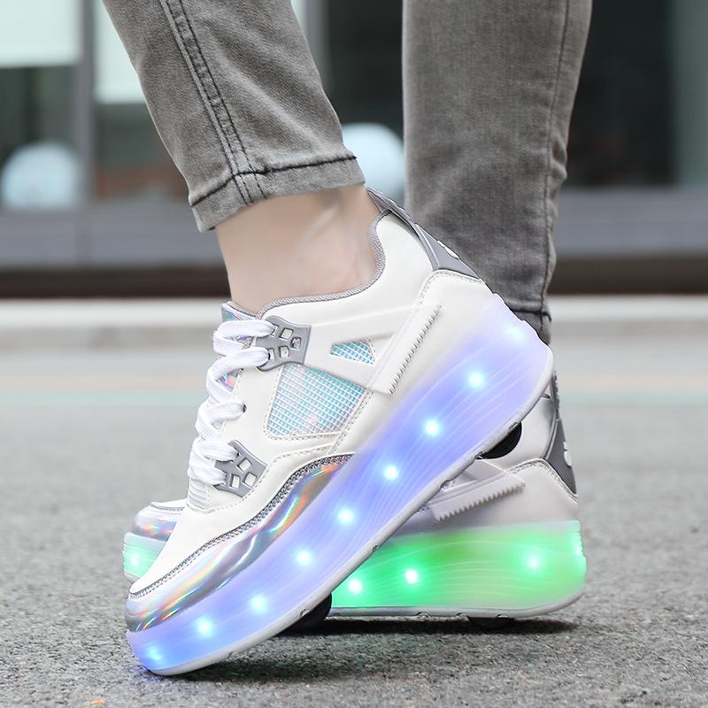 Pattini a rotelle per bambini, rimovibili, piatti, ricaricabili, LED, quattro ruote, scarpe sportive luminose, rosa, scarpe da ginnastica luminose da donna