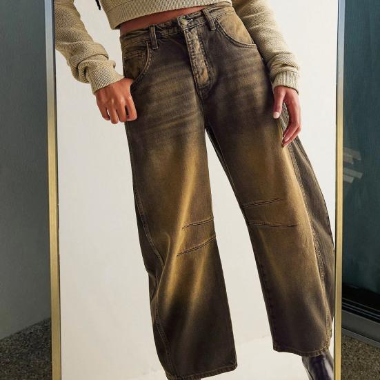 Women Jeans Denim Loose Straight Wide Leg Mid Waist Gradient Color Hip Hop Retro Ankle Length Pockets Soft Breathable Lady Long Pants Trousers
