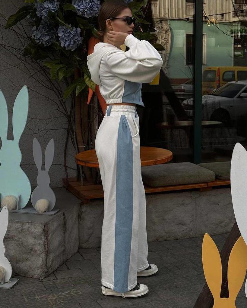 Women's European and American Style Patchwork Hooded Sweatshirt and Pants Set