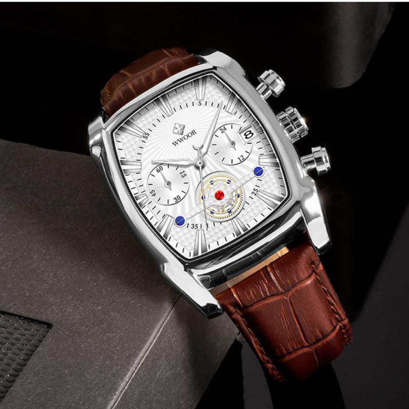 WWOOR Lederarmbanduhr Business New Concept Herrenarmbanduhr Wasserdicht Leuchtende Nadel Quarzuhr