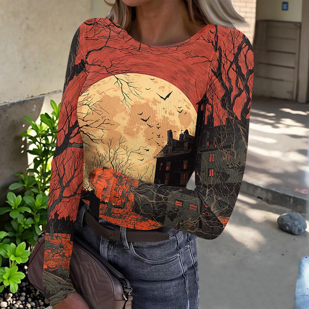 Women Long Sleeve Ribbed Knit Top Halloween Print Casual Crew Neck Slim Fit Stretchy Pullover Shirt for Daily Wear