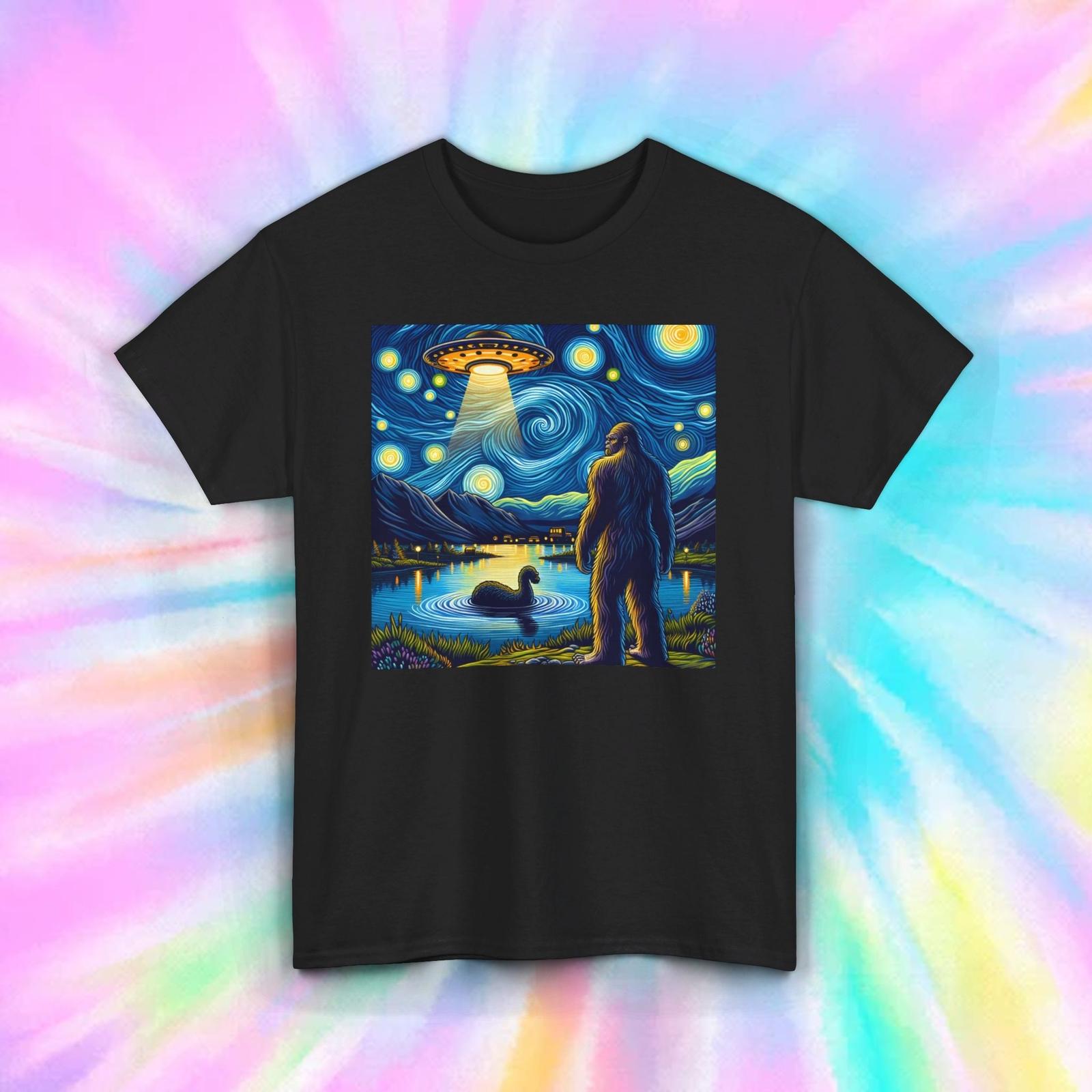 Bigfoot UFO Starry NighT Shirt Mens Womens Tees Top | Alien Abduction Sasquatch Tee | Cryptid Lover 4XL
