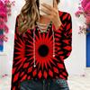 Women Plus Size V Neck Long Sleeve Printed Eyelet Chain Lace Up Top