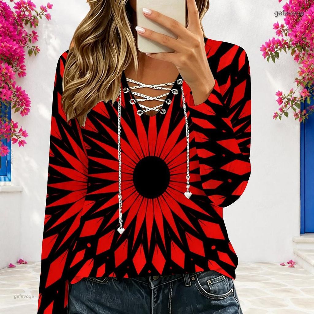 Women Plus Size V Neck Long Sleeve Printed Eyelet Chain Lace Up Top