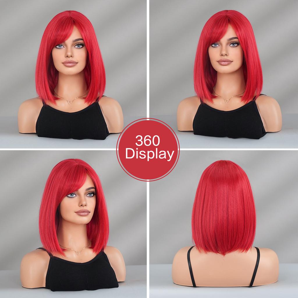 Red Bob Wig for Women - Side Part Bangs Short Hair, Halloween Easter Exaggerated Street Style Full Cap Wig, Multiple Red Options Available