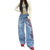 European and American red and white dragon pattern totem embroidery wide-leg jeans washed high-waisted straight loose floor pants men and women