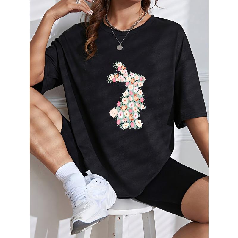 Floral Bunny T Shirt White Spring Easter Design For Women Casual Outfits