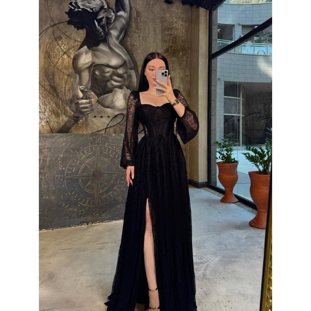 New Lace Waist Cinched Long Sleeve Maxi Dress, Elegant Evening Party Gown, European Style Long Dress for Women