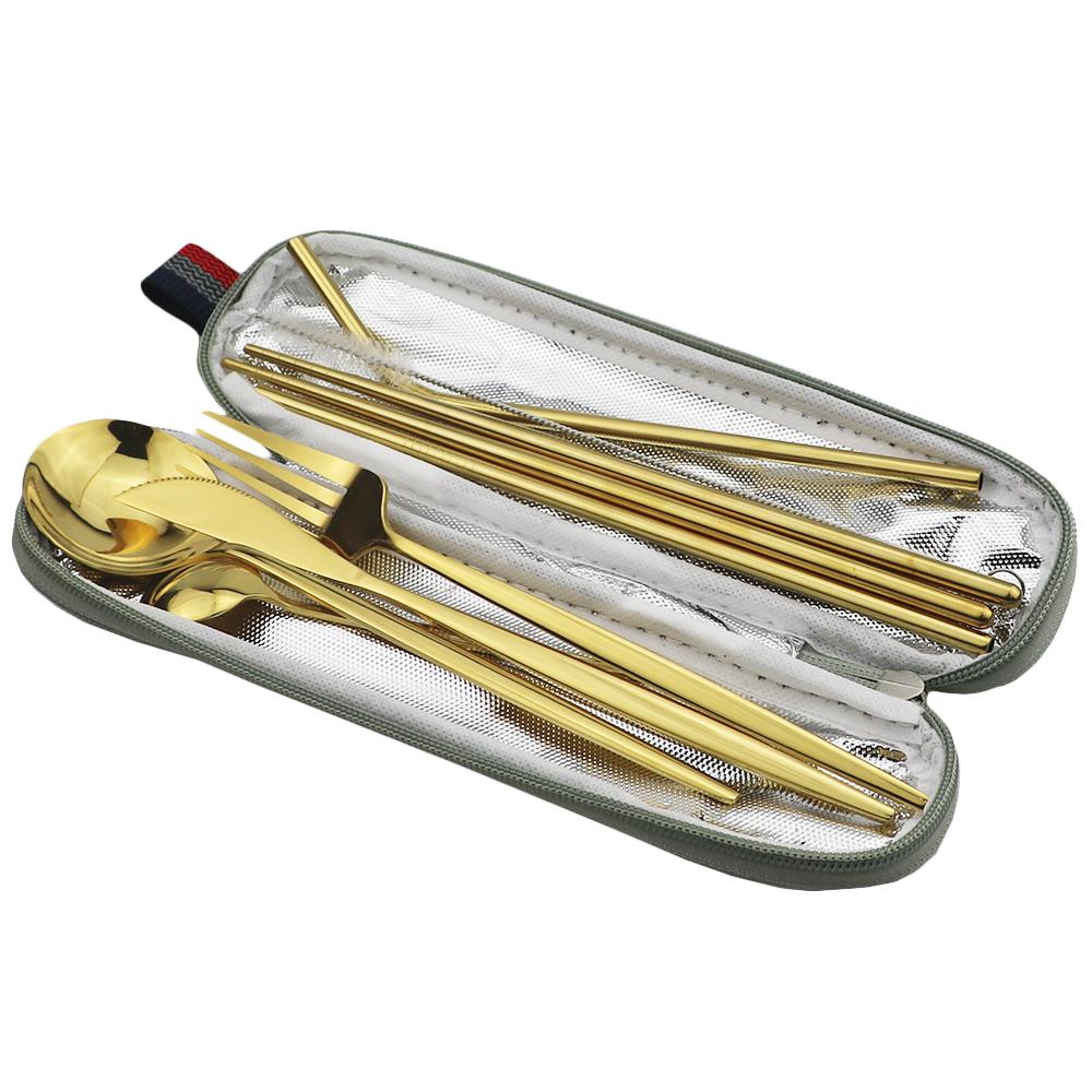 9pcs/Set Travel Cutlery Set Portable Gold Dinnerware Set Stainless Steel Tableware Set With Metal Straw Brush Chopsticks Bag