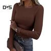 Pullover Tops Women Ribbed Long Sleeve Bottoming Top Regular Fit Lightweight Crew Neck Shirt Daily Wear
