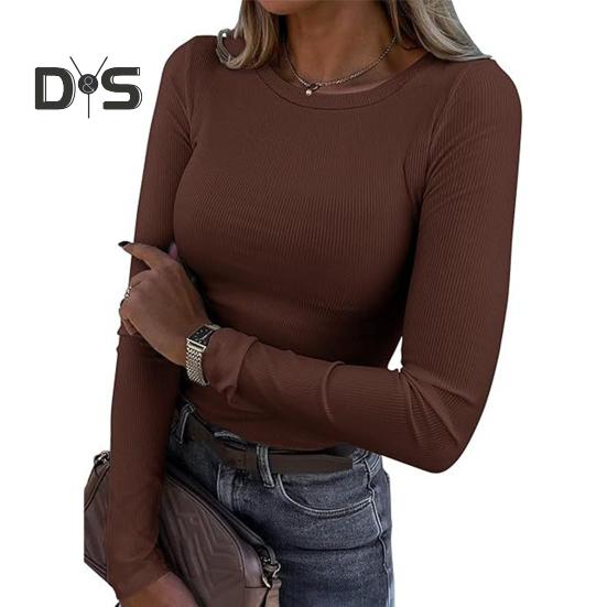 Pullover Tops Women Ribbed Long Sleeve Bottoming Top Regular Fit Lightweight Crew Neck Shirt Daily Wear