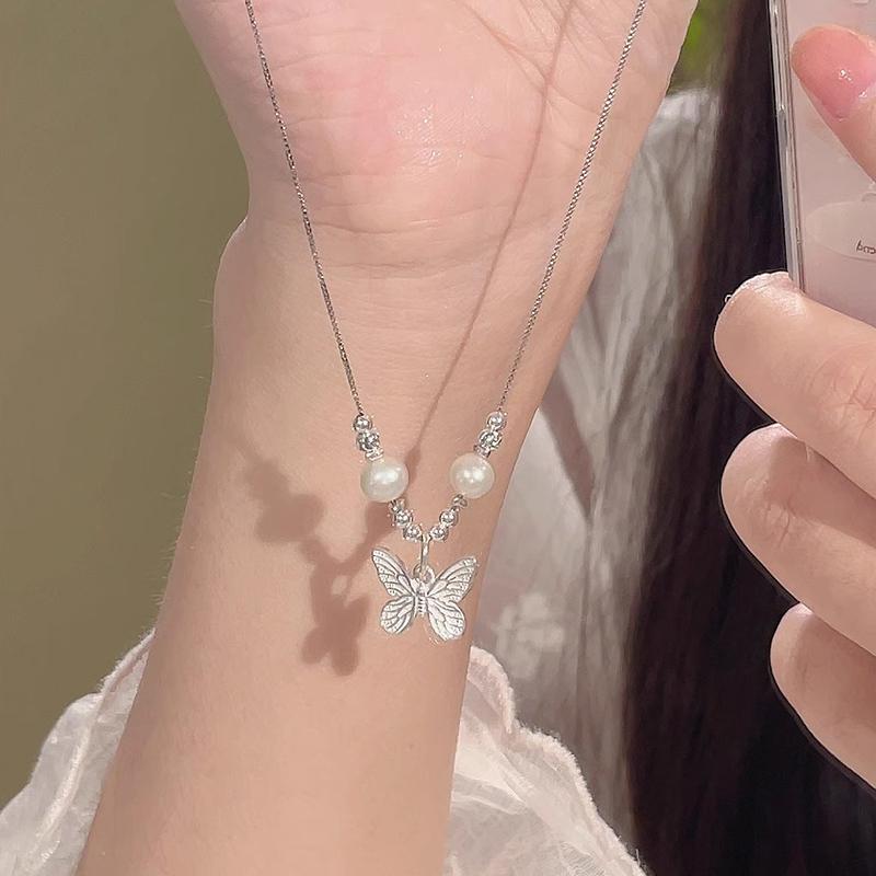 Simple Pearls Beaded Butterfly Necklace For Women Girls Elegant Exquisite Clavicle Chain Jewelry Accessories Gifts