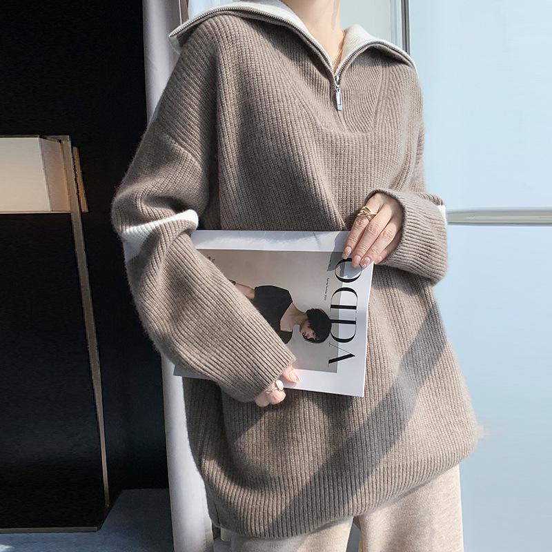 Women's Wool Color Block Half-Zip Casual Sweater with Big Lapel