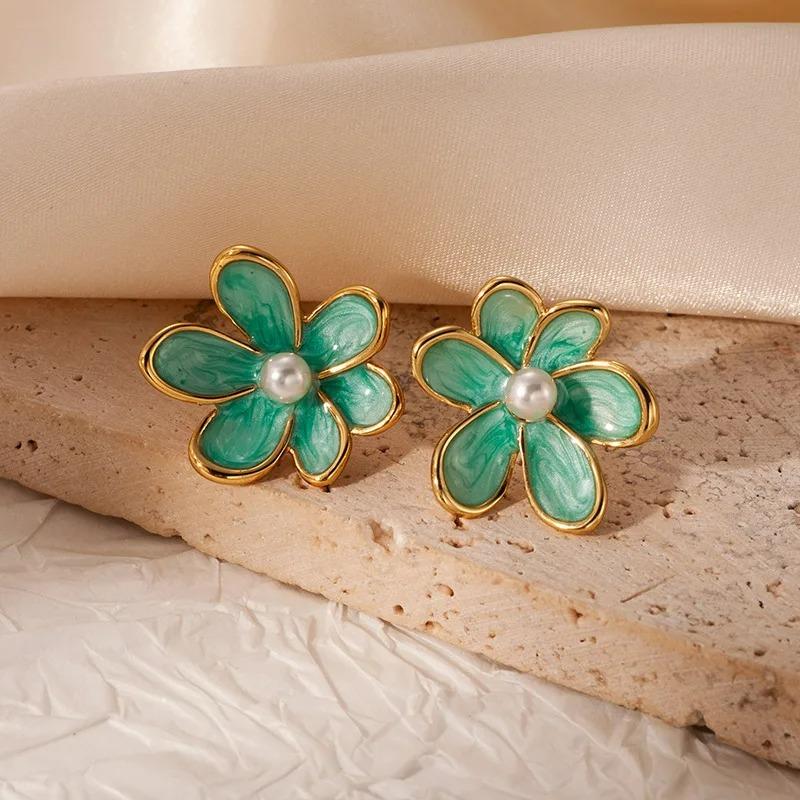 Vintage Smudging Enamel Pearl Drop Glaze Flowers Stud Earrings for Women Multi-colored Fashion Jewelry Accessories