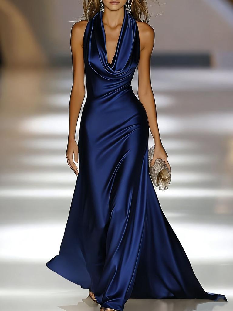 Europa und Amerika 2026 Sommer Hals Satin Abendkleid Langes Kleid Tiefer V-Ausschnitt Rückenfrei Elegant Party Brautjungfernkleid