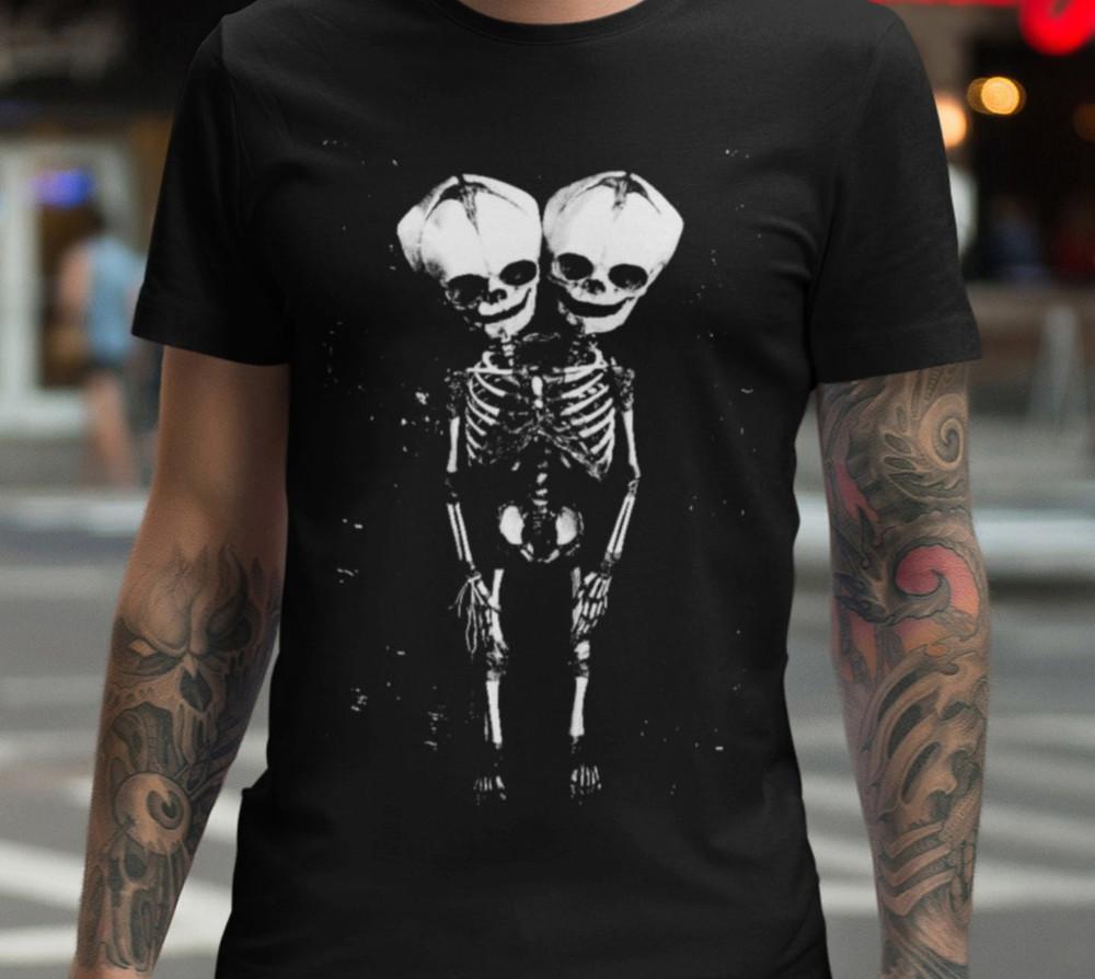 Two Headed Skeleton T-shirt Goth Punk Horror Metal Oddity Unisex Tee