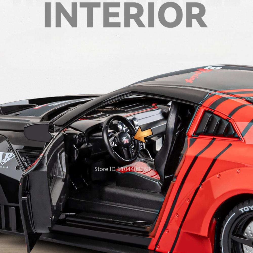 1:24 Scale GTR Track Version R34 Car Model Toy Doors Opened Sound Light Shock Absorption Vehicle Models Boys Christmas Gifts