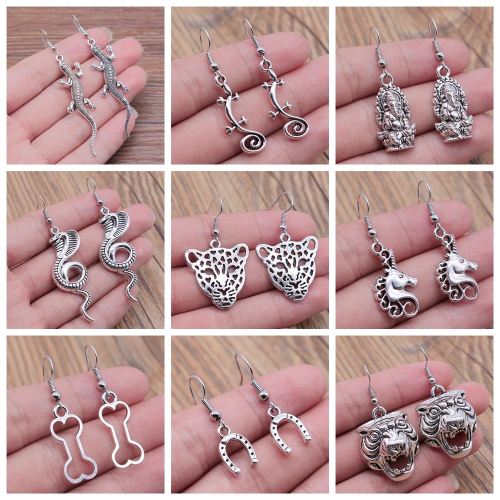 50 Styles Animal Pendant Dangle Earrings Drop Earrings Antique Silver Color Plated Unicorn Horse Elephant Snake Tiger Earrings