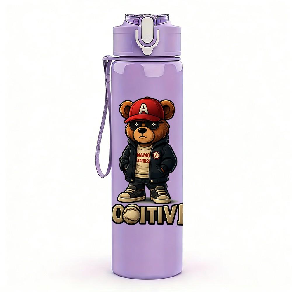 1PC Bear Prison Inmate Cartoon Print 750ml Color Plastic Sports Water Bottle Leakproof Flip Straw Lid Suitable for Sports Office Home Use
