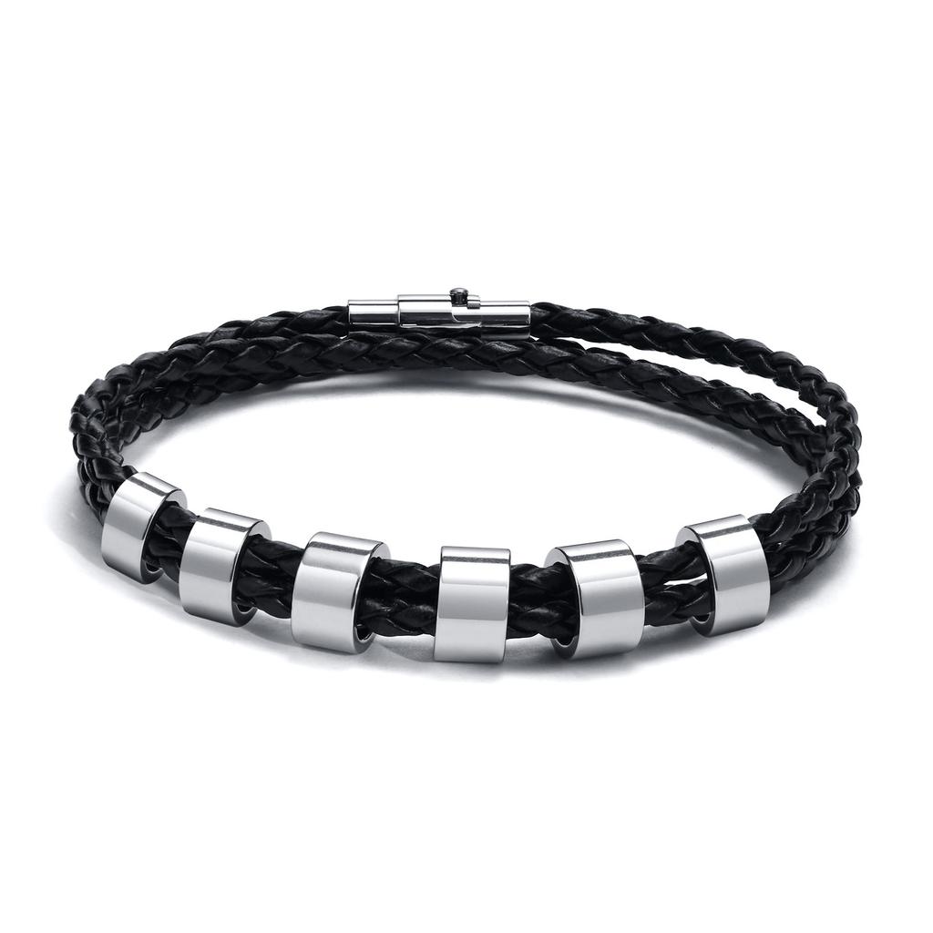 Vnox Free Custom Name Mens Braided Genuine Leather Bracelet Gifts Jewelry,Stainless Steel Beads Charm with Family Names,Dad Gift