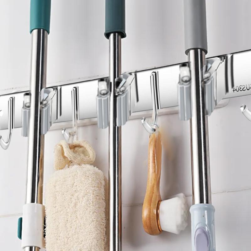 Wall Mounted Rack Space Saving Brooms Organizer Storage Solution for Bathroom