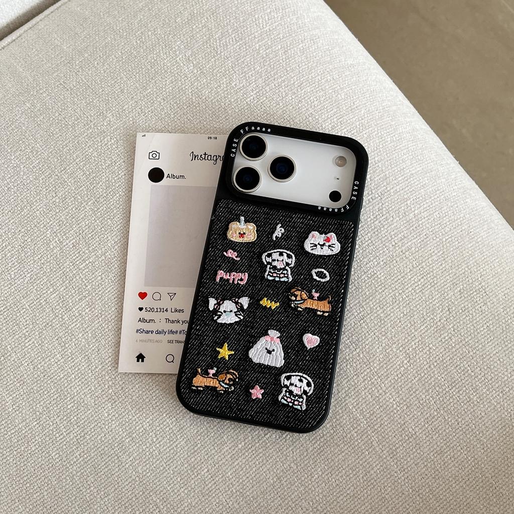 Fashion Denim Embroidery Cute Puppy Small Animal Shockproof Protective Phone Cover Case for iPhone 17 16 15 14 Pro Max