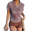 Damen Sommer Neues Gestreiftes V-Ausschnitt Kurzarm T-Shirt mit Lässigem Revers