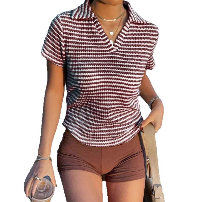 Women's Summer New Striped V-neck Short-sleeved T-shirt with Casual Lapel
