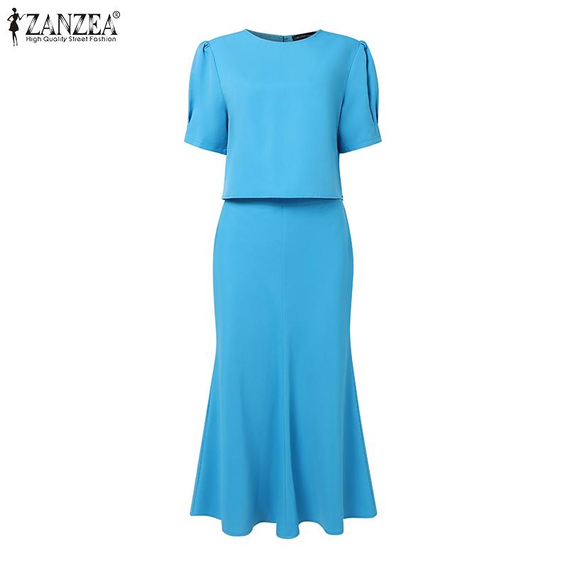 ZANZEA Women Short Sleeve Blouse and Fishtail Skirts Summer Two Piece Suit Sets