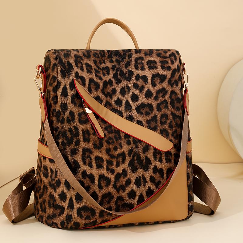 Damen Rucksack aus weichem Leder mit Diebstahlschutz, Mehrzweck-Schultertasche mit Leopardenmuster