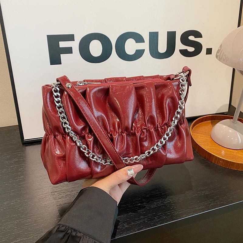 Monochromatic pleated PU women's shoulder bag with chain zipper stitching line versatile crossbody bags