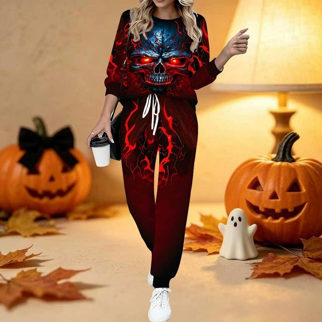 Damski dwuczęściowy strój z nadrukiem na Halloween, Top z długim rękawem i okrągłym dekoltem oraz spodnie dresowe z ściągaczem, Casualowy dres na wiosnę i jesień