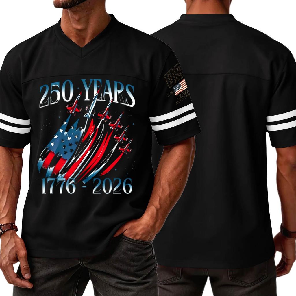 Men V Neck Short Sleeve Jersey Style T Shirt with 250 Years 1776 2026 Print and Graphic Sports Top