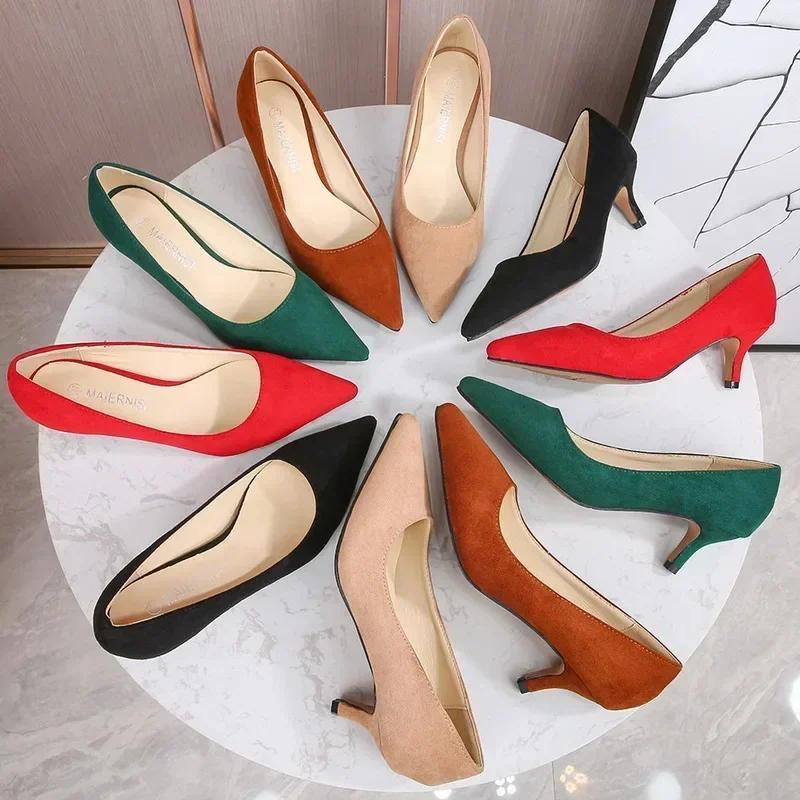 Women Sweet Flocks Thin Heel Shoes Office Work Single Shoes Nightclub Party Banquet Pub Attendant High Heels Large Size 35-46