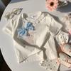 Girls' Casual Lace Short-sleeved T-shirt For Summer, Cute Cat Print Children's Top