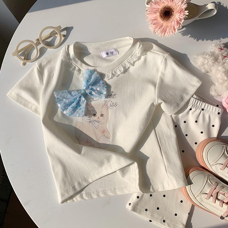 Girls' Casual Lace Short-sleeved T-shirt For Summer, Cute Cat Print Children's Top